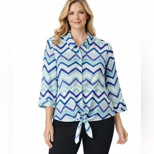 Chico's Blue and Green Chevron Striped Front Tie Blouse. Size L/XL (3)